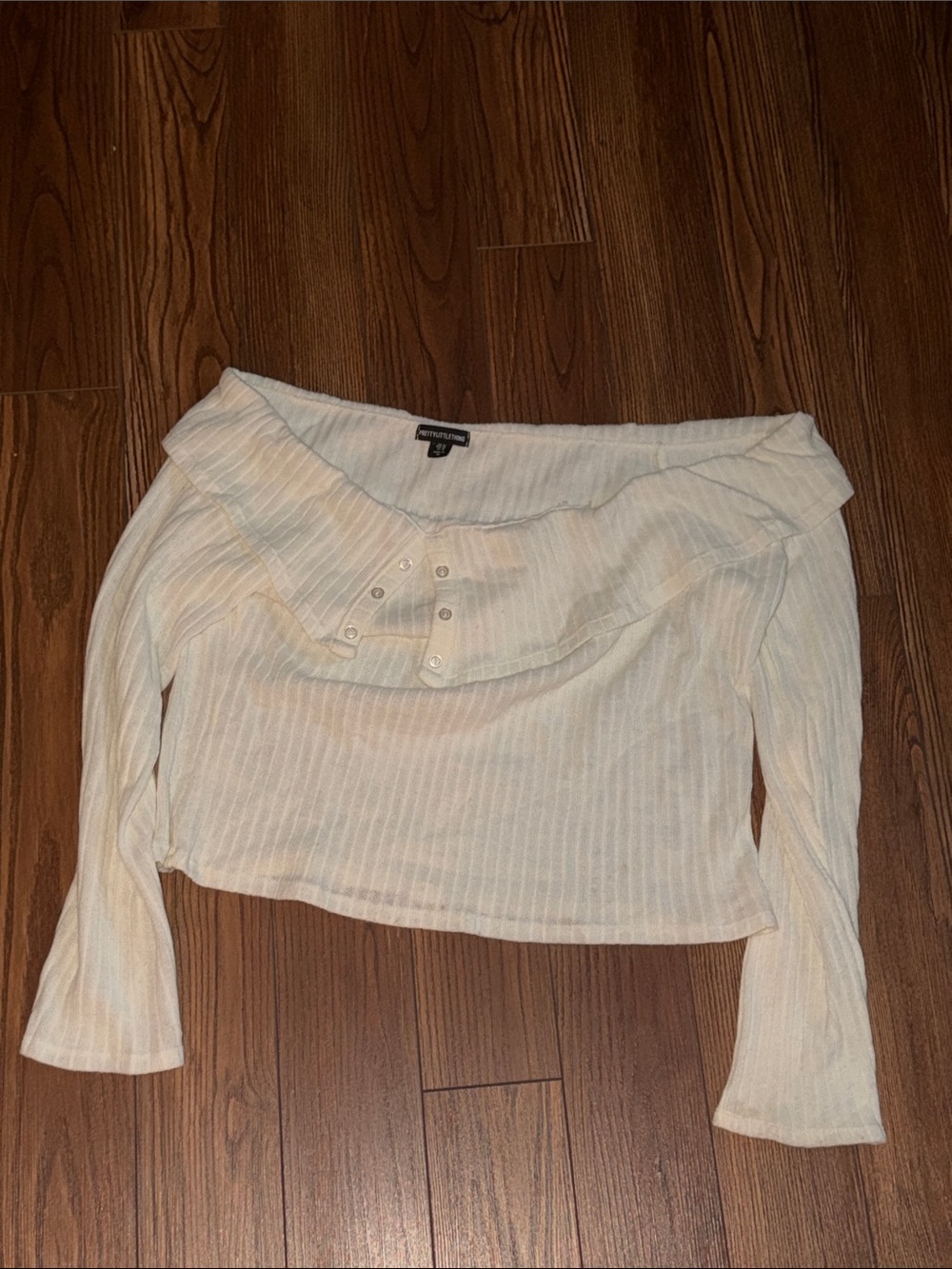 PrettyLittleThing Cream Off-Shoulder Ribbed Long Sleeve Top